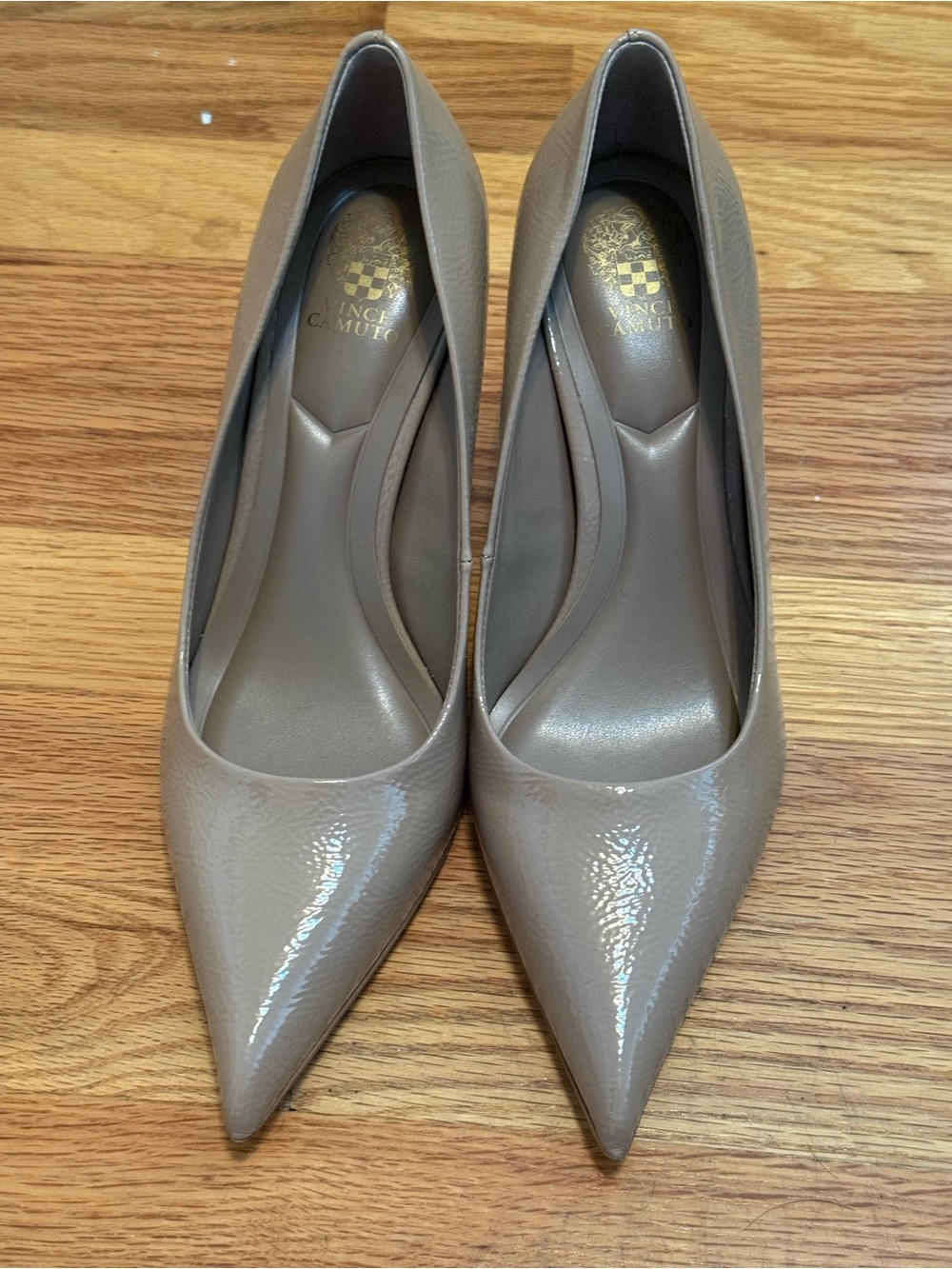 Vince Camuto Taupe Patent Pointed-Toe Pumps